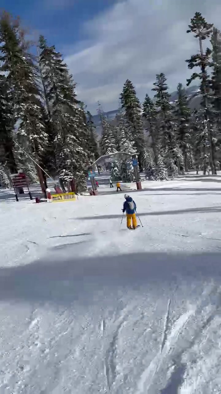 Kid skier line down the run